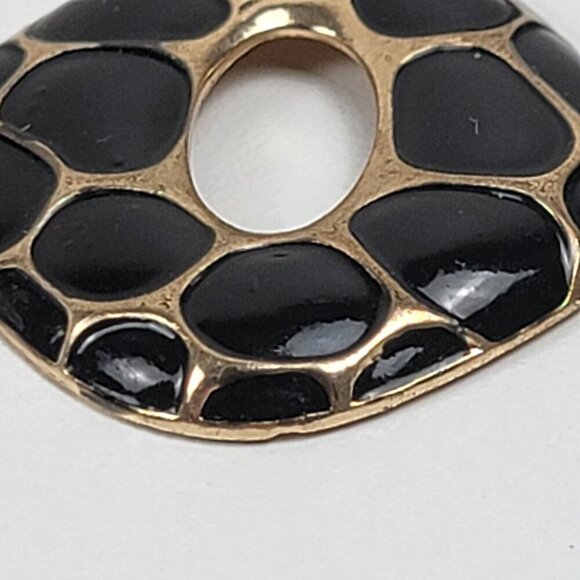 Gold-Tone Black Enamel Drop Earrings 2.5 In Pierced Post Leopard Print Pebble - Picture 6 of 10